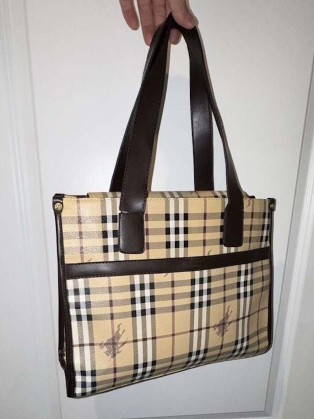 Burberry Vintage Haymarket Check PVC Leather Tote Bag